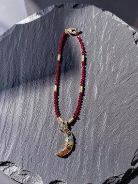 Red bicone beaded Chakra Moon Pendant Necklace~ large moon